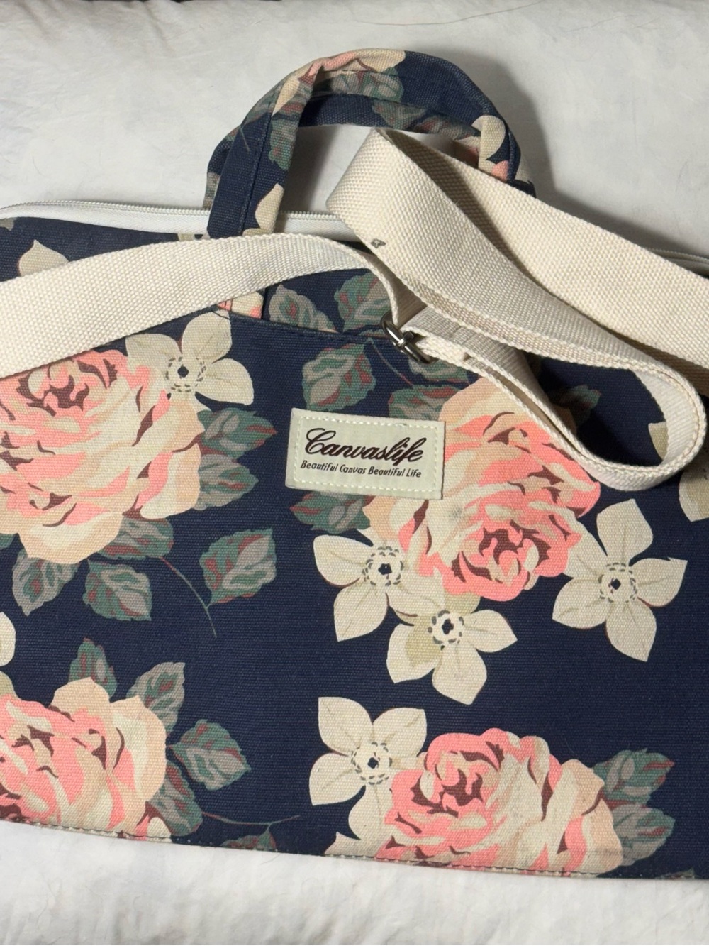 CanvasLife Floral Canvas Laptop Bag Navy Pink Roses Messenger Briefcase Shoulder